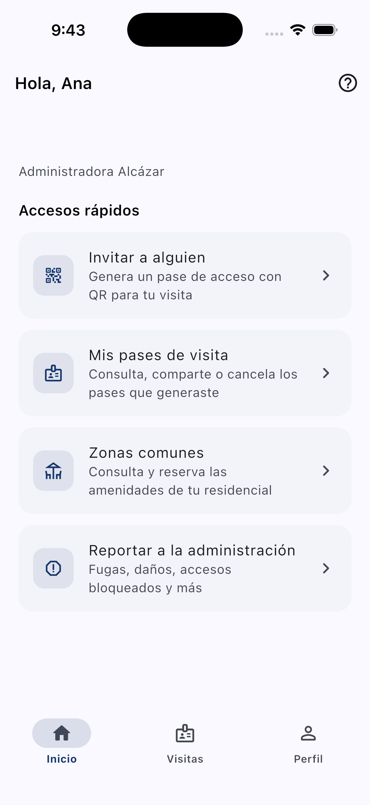 Pantalla de inicio de la app de Reservia Home, con la casa del residente y sus accesos rápidos