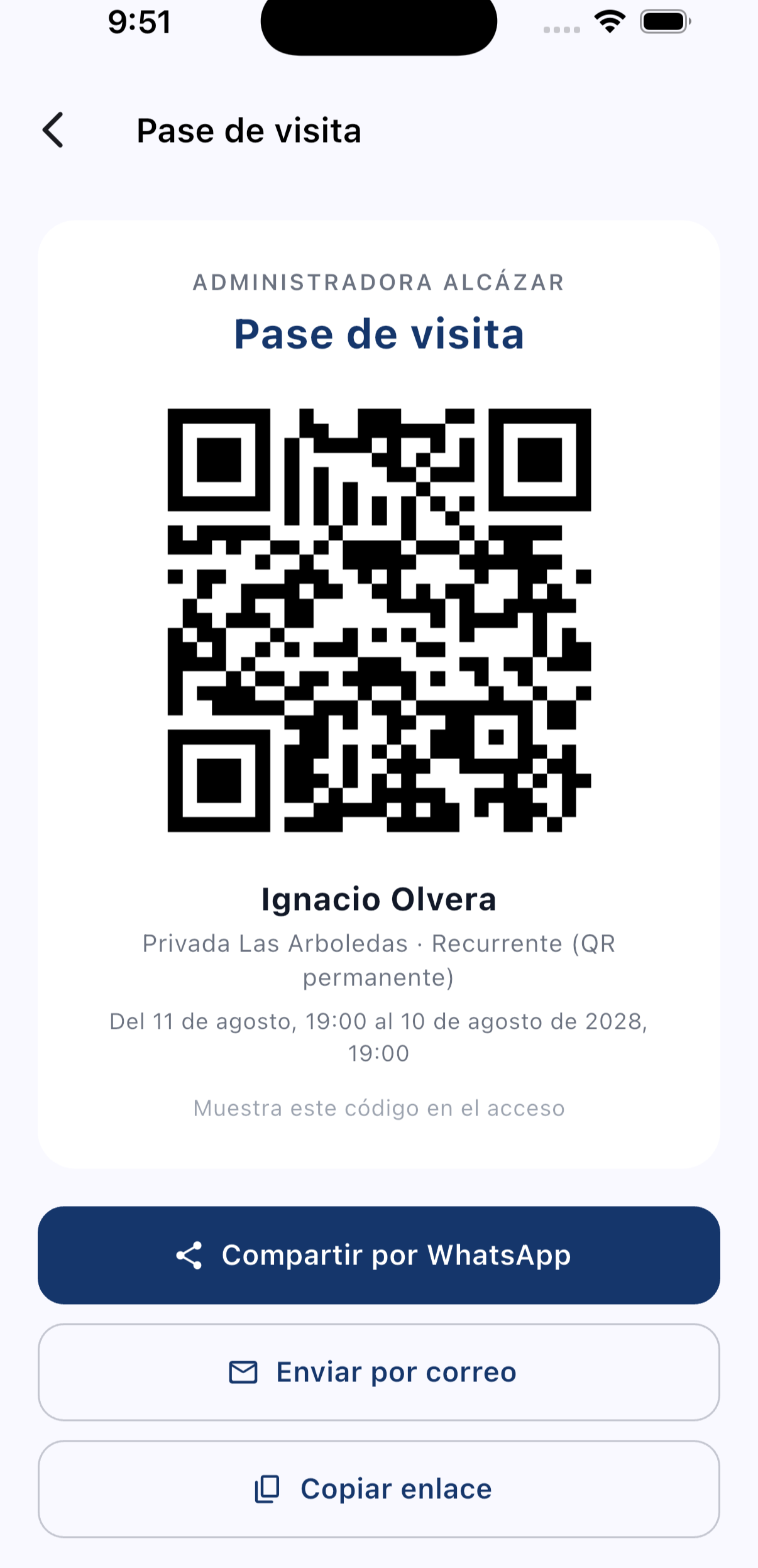 Pase de visita generado en la app, con el código QR, el nombre del visitante y la vigencia