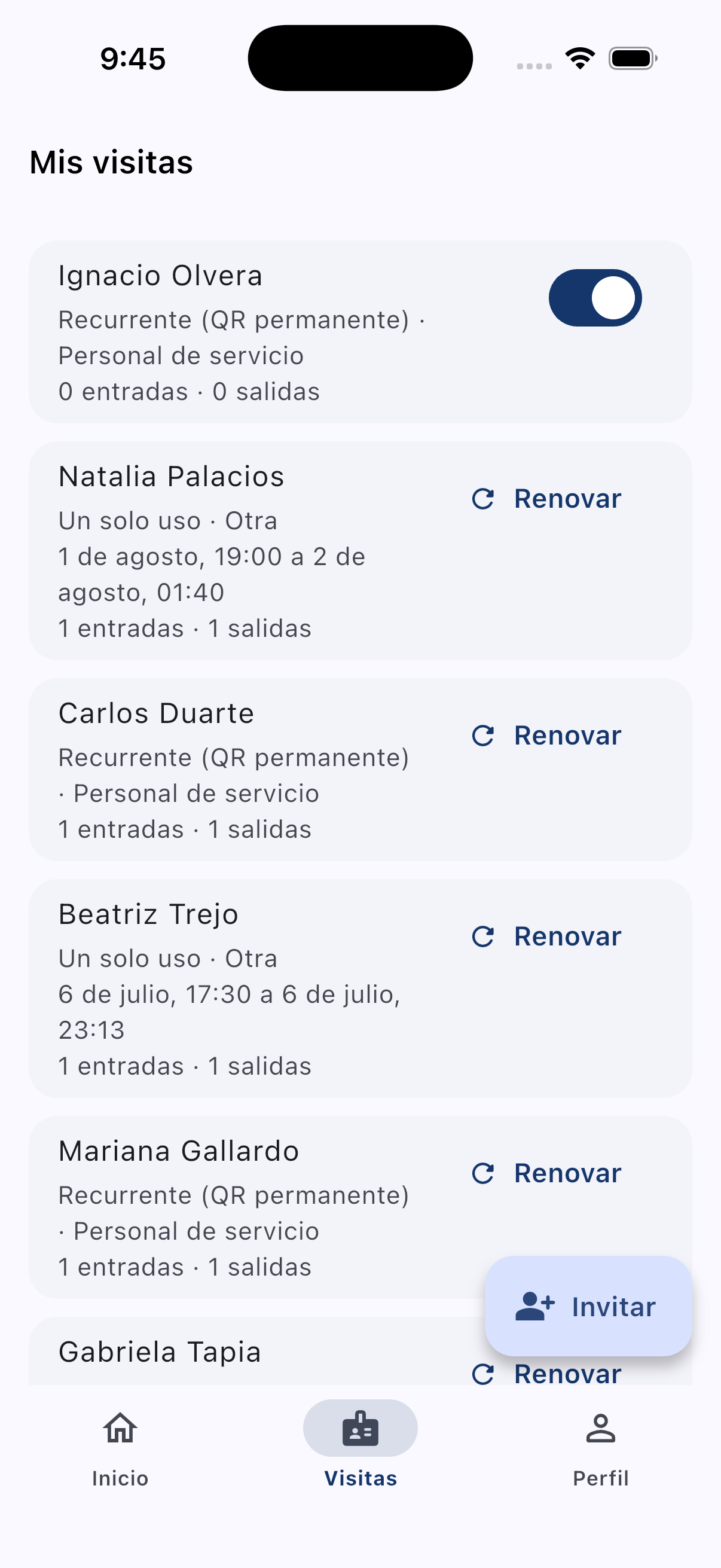 Listado de pases de visita del residente en la app